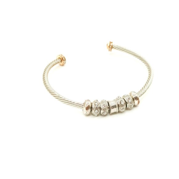 Twisted Cable Bangle Bracelet. Silver & Gold Flexible Cuff with Charm Beads - Picture 1 of 4